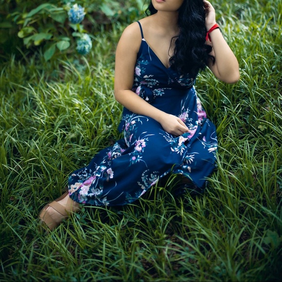 ‼️SOLD ‼️ Navy Blue Flowly Wrap Dress - Picture 7 of 7